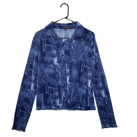 Almost Famous Womens Shirt M Blue Textured Crinkle Blouse Button Front Stretchy - Picture 1 of 7